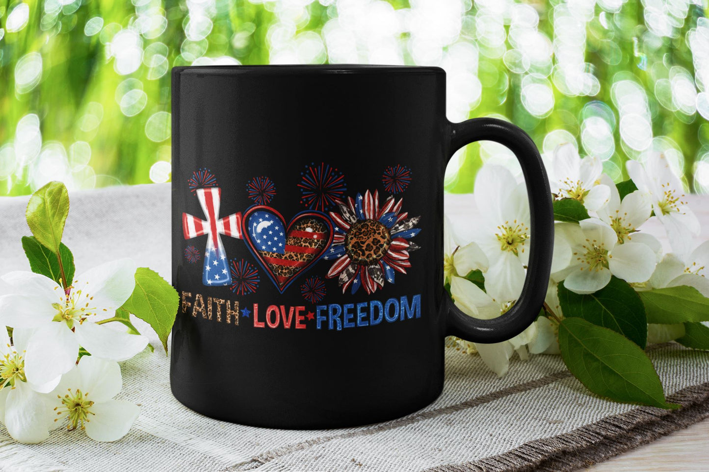 Faith Love Freedom Fireworks 11 OZ Black Mug