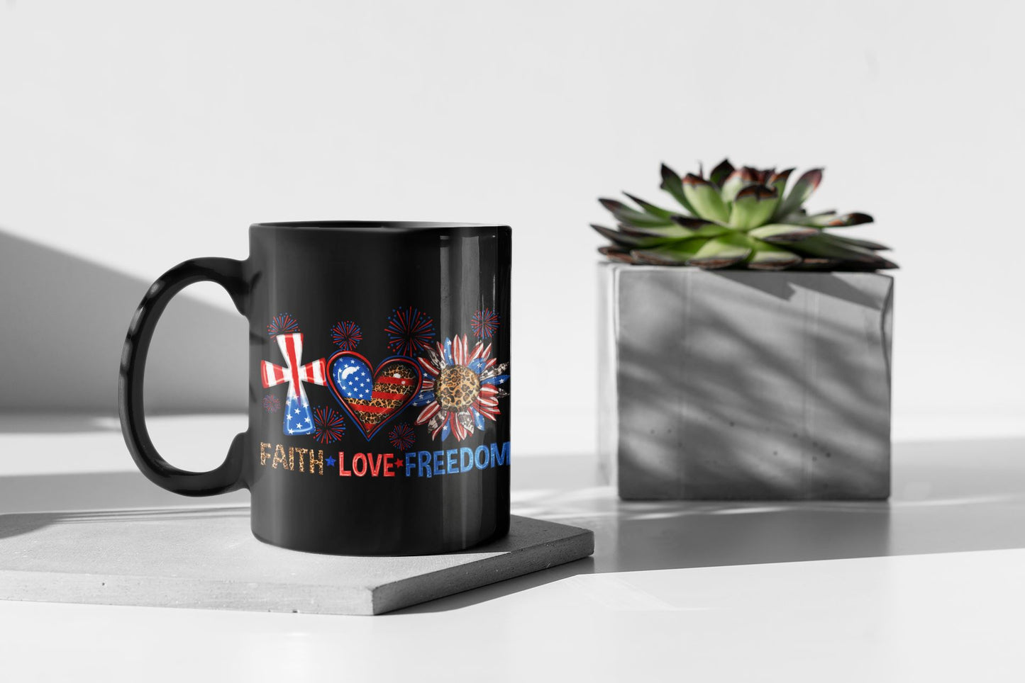 Faith Love Freedom Fireworks 11 OZ Black Mug