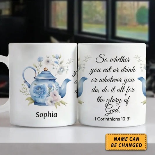 Do It All For The Glory Of God - Christian Design With Blue Teapot Personalized Jesus Mug