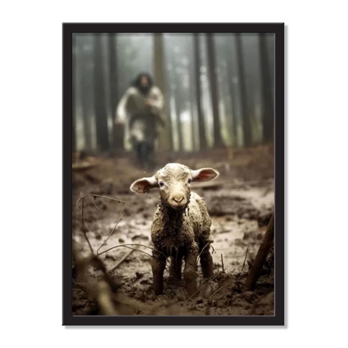 Jesus Running After A Lost Lamb, FRAMED Wall Art Canvas
