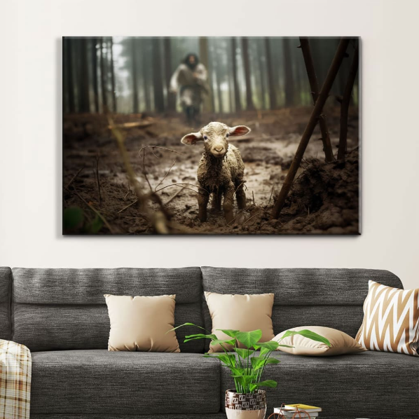 Jesus Running After A Lost Lamb, Jesus Lamb of God, Wall Art Canvas