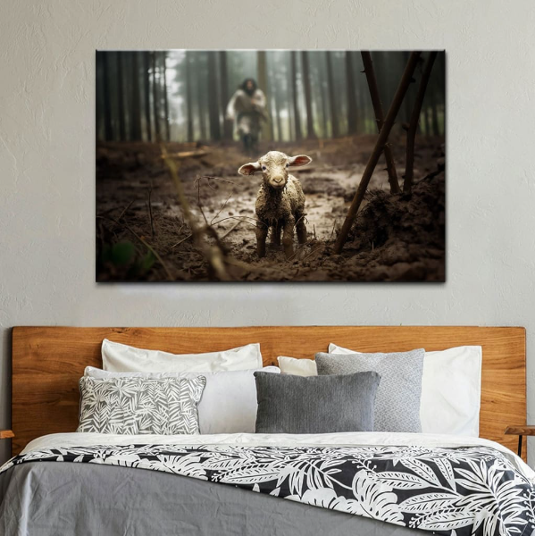 Jesus Running After A Lost Lamb, Jesus Lamb of God, Wall Art Canvas