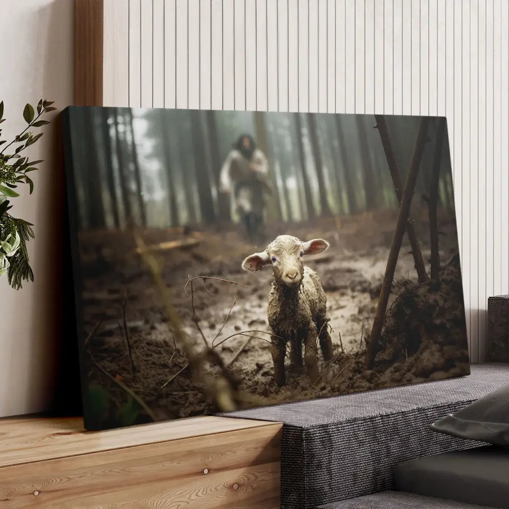 Jesus Running After A Lost Lamb, Jesus Lamb of God, Wall Art Canvas