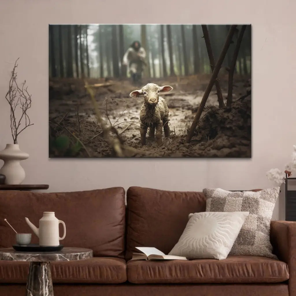 Jesus Running After A Lost Lamb, Jesus Lamb of God, Wall Art Canvas